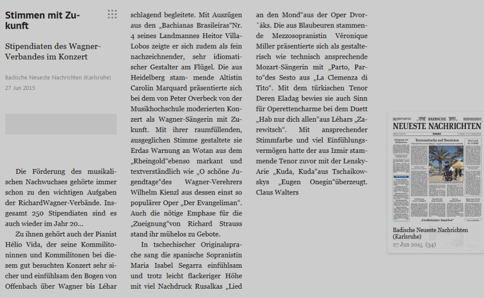 Zeitungsartikel aus den Badischen Neuesten Nachrichten vom 27. Juni 2015 über Carolin Marquard als aufstrebende Wagner-Sängerin.